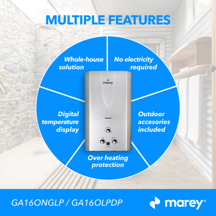Marey GA16ONGDP 4.3 GPM, 105,800 BTUs, Whole House solution, Digital Display, Outdoor Natural Gas Tankless Water Heater