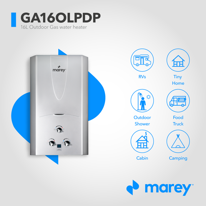 Marey GA16OLPDP 4.3 GPM, 100,000 BTUs, Whole House solution, Digital Display, Outdoor Propane Gas Tankless Water Heater