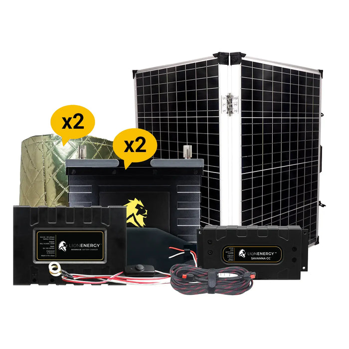Lion Energy 12V Lithium Battery 210Ah Solar Power System (2 - UT1300’s) w/ charger + 2 warmers + Panel (999RV251)