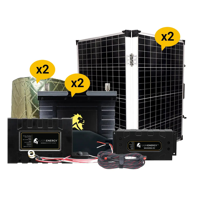 Lion Energy 12V Lithium Battery 210Ah Solar Power System (2 - UT1300’s) w/ charger + 2 warmers + 2 Panels (999RV252)