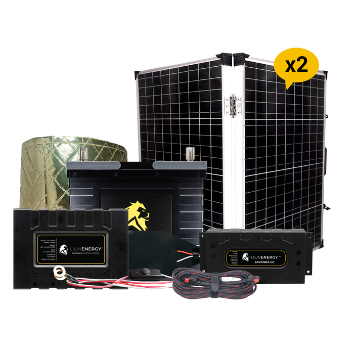Lion Energy 12V Lithium Battery 105Ah Solar Power System (1-UT1300) w/ charger + warmer + 2 Panels (999RV152)