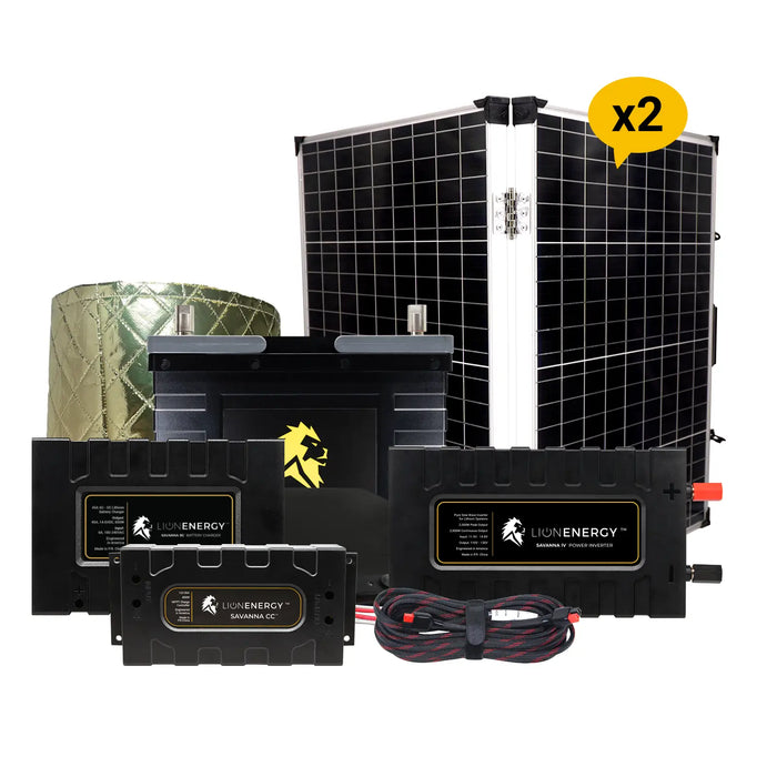 Lion Energy 12V Lithium Battery 105Ah Solar Power System with Inverter (1 - UT1300) w/ charger + warmer + 2 Panels (999RV156)