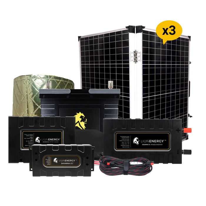 Lion Energy 12V Lithium Battery 105Ah Solar Power System with Inverter (1 - UT1300) w/ charger + warmer + 3 Panels (999RV157)