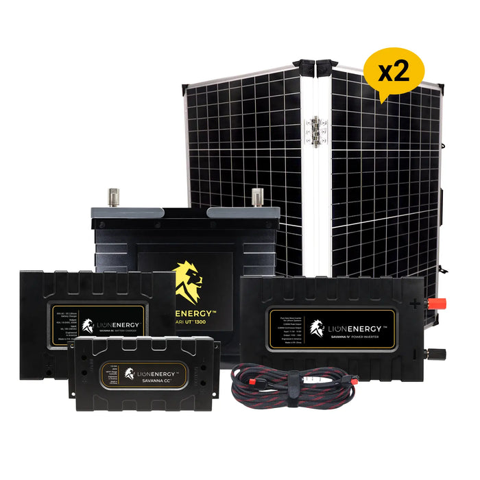 Lion Energy 12V Lithium Battery 105Ah Solar Power System with Inverter (1 - UT1300) w/ battery charger + 2 Panels (999RV121)
