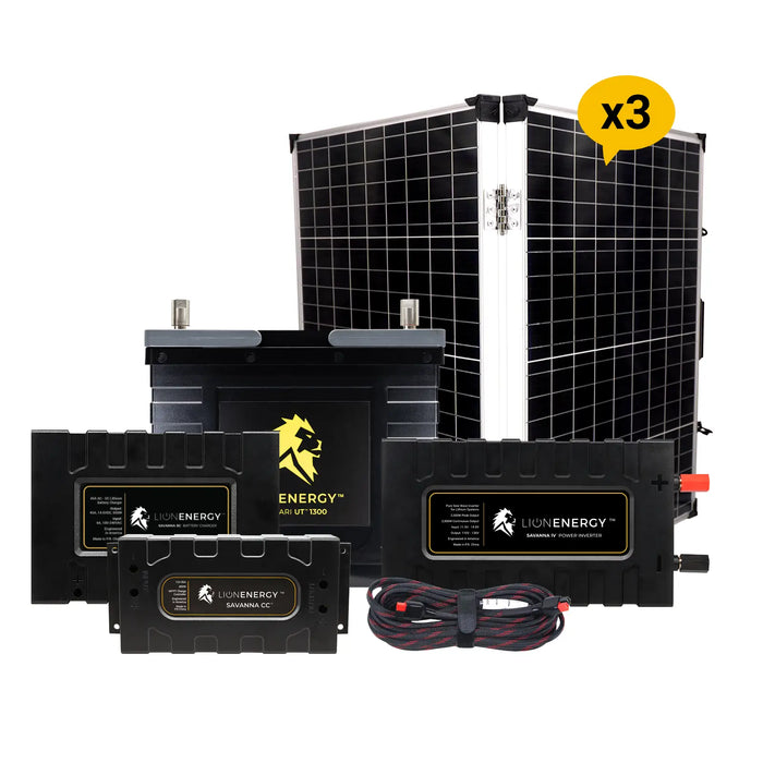 Lion Energy 12V Lithium Battery 105Ah Solar Power System with Inverter (1 - UT1300) w/ battery charger + 3 Panels (999RV122)