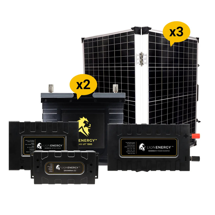 Lion Energy 12V Lithium Battery 210Ah Solar Power System with Inverter (2 - UT 1300s) w/ battery charger + 3 Panels (999RV222)